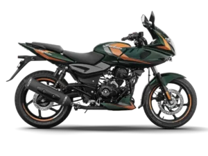 bajaj pulsar 220f bike side view with orange and military green colour without background