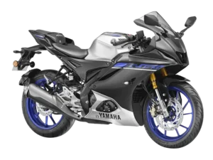 r15 monster edition bike in black and white colour with blue rim without background