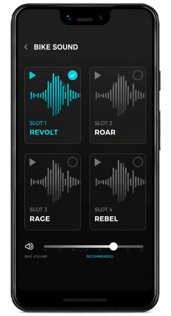 revolt rv400 e bike artificial sound showing in a phone with four slot as revolt roar rage rebel