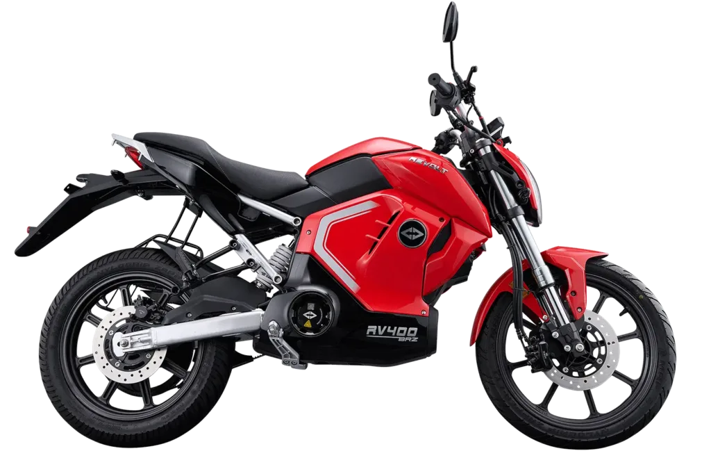 revolt rv400 e bike rebel red colour with disc brake alloy wheels