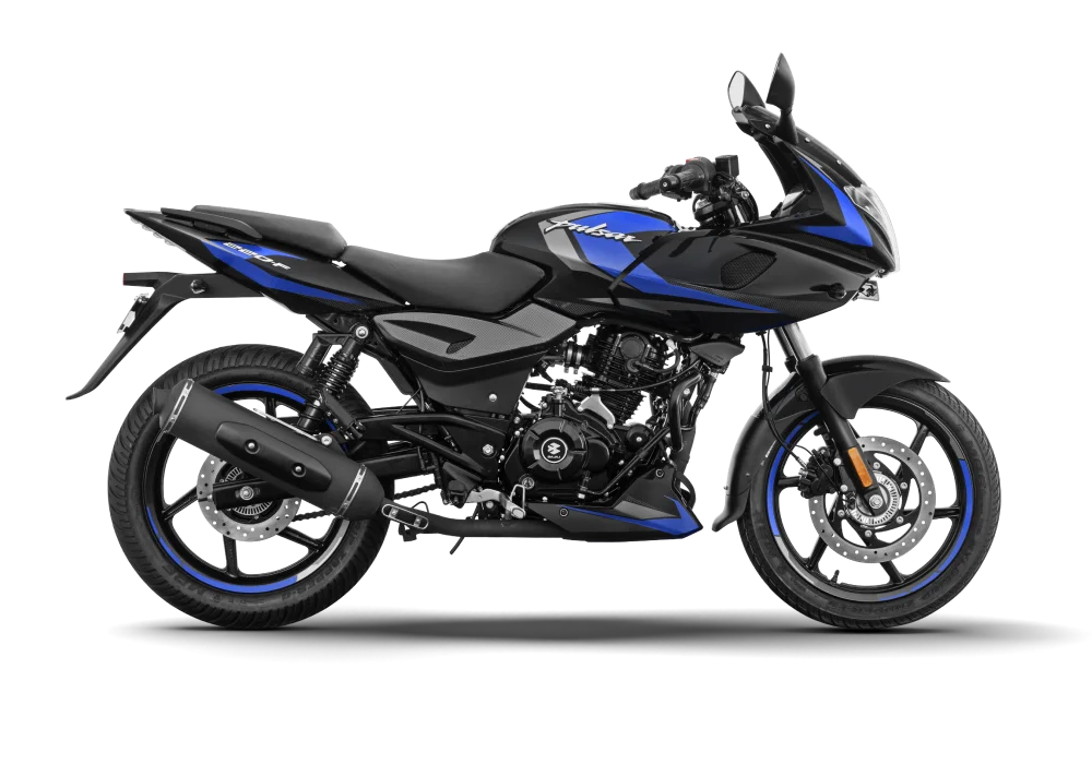pulsar 220f price in India side view in black and blue colour combination without background
