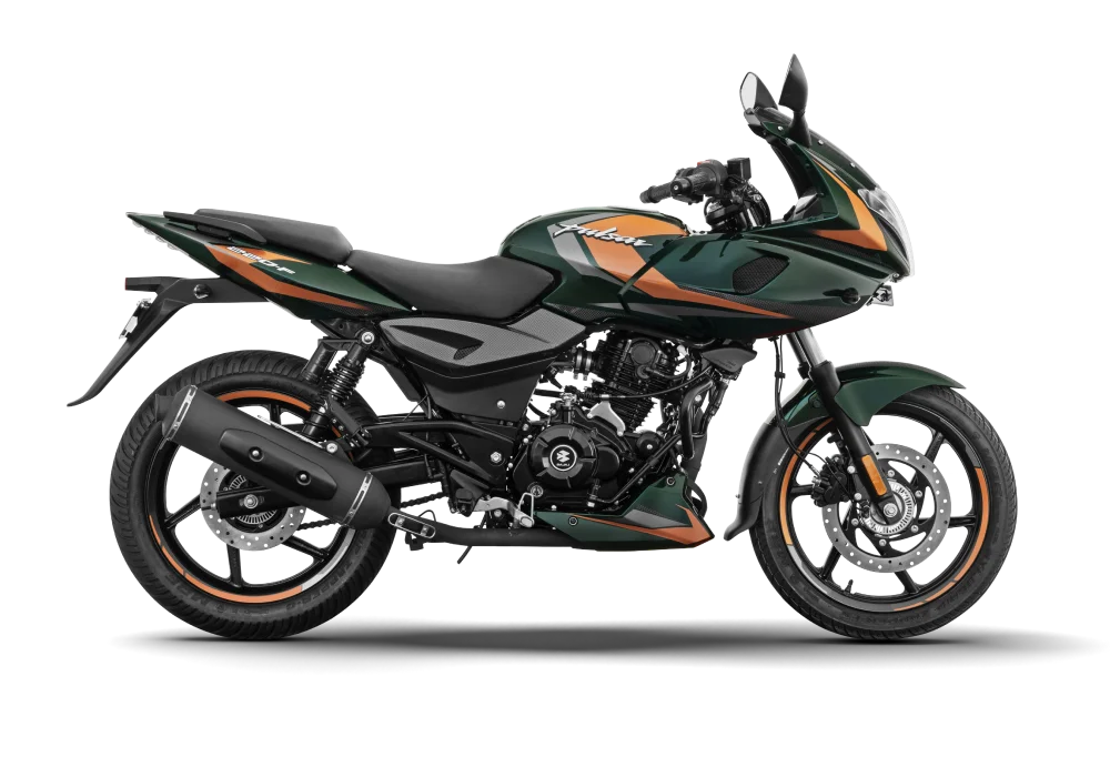 bajaj pulsar 220f bike side view with orange and military green colour without background