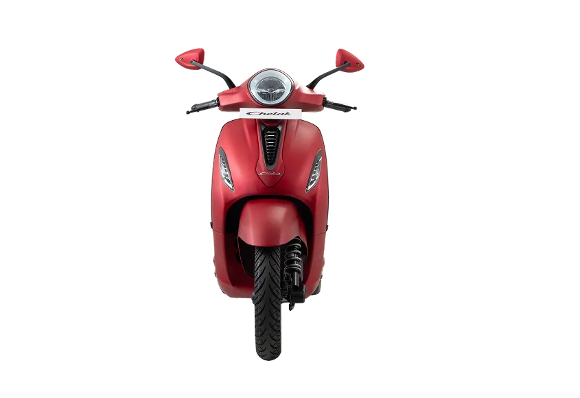 bajaj chetak electric scooter matt scarlett red colour with front look headlamp indicator no background