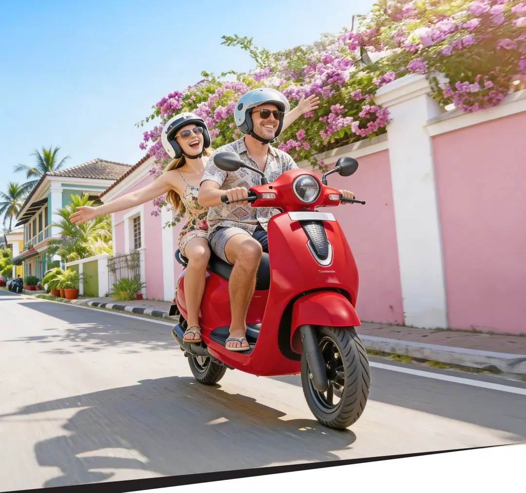 chetak electric scooter a boy and girl with smile going on silent scooty