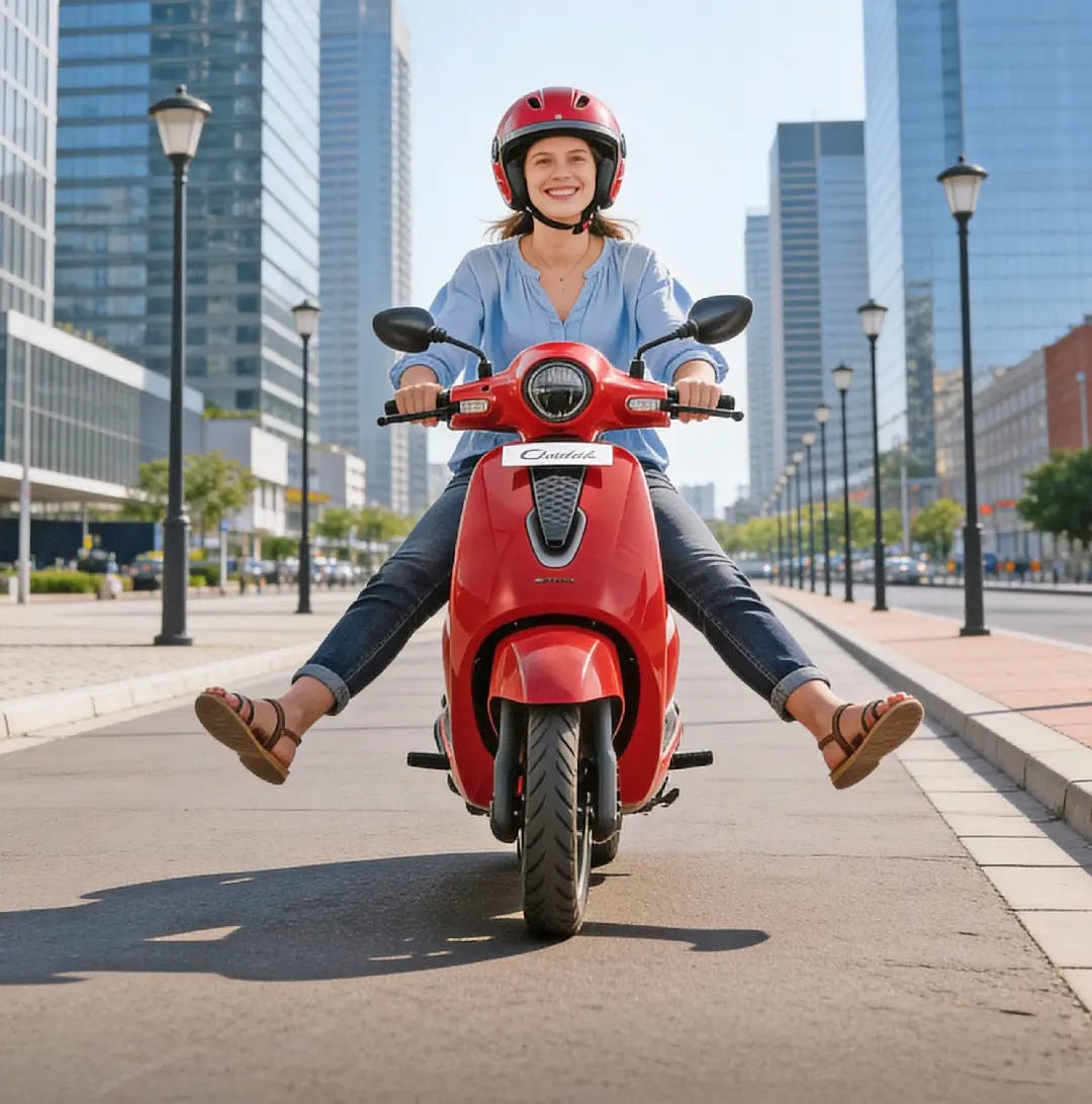 chetak electric scooter one girls with smile riding sooth reliable scooty red colour